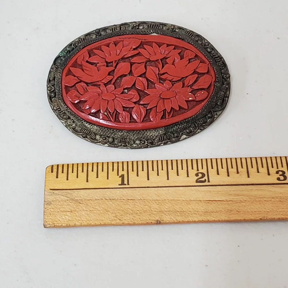 Vintage Chinese Carved Cinnabar Brooch Birds And Flowers Setting Filagree